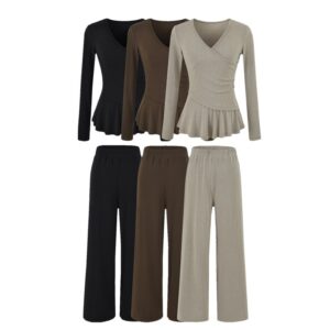 Long Sleeve Cross V-Neck T-Shirt and Elastic Waist Drape Wide Leg Pants Two Piece Set