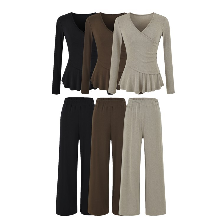 Long Sleeve Cross V-Neck T-Shirt and Elastic Waist Drape Wide Leg Pants Two Piece Set