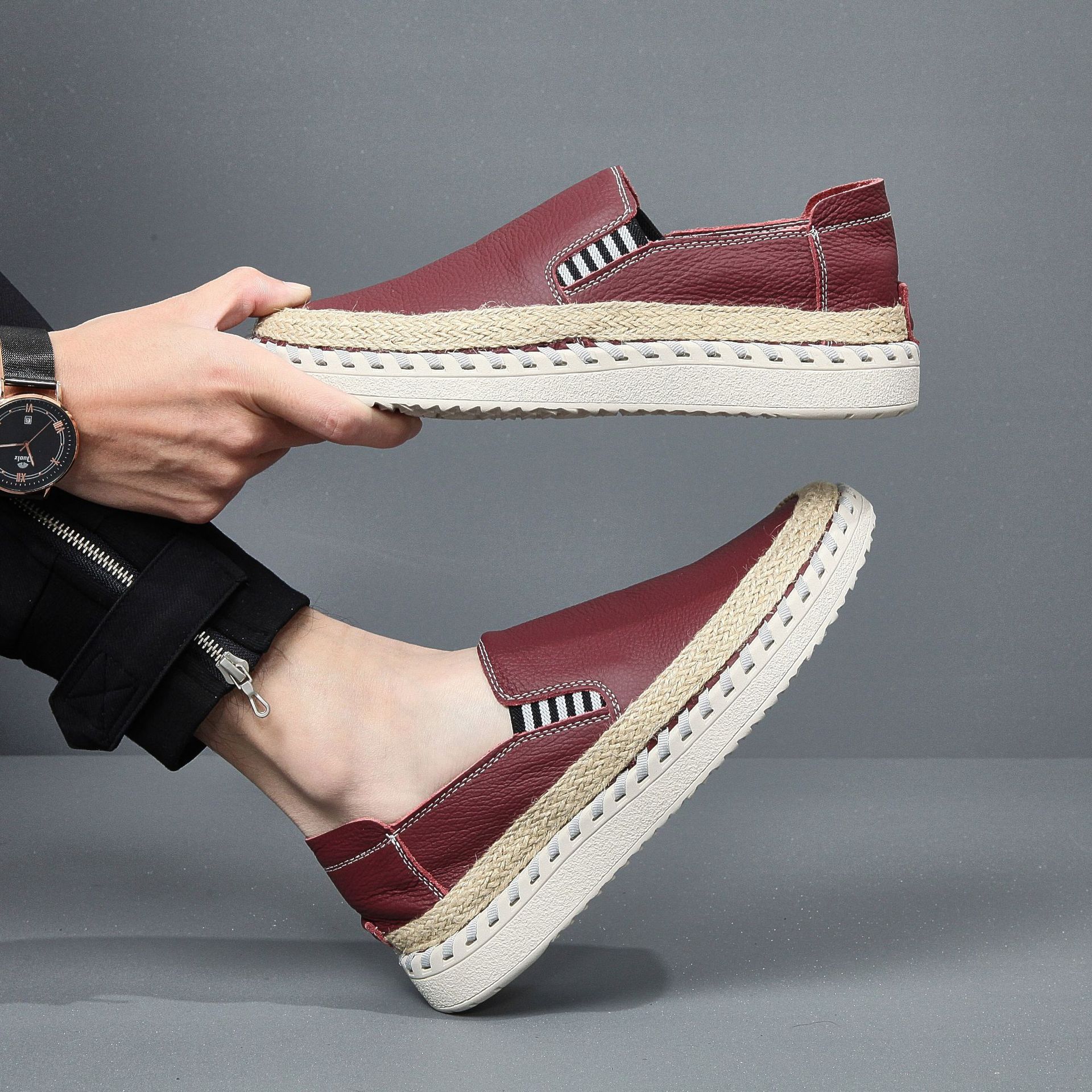 Handmade leather sewn massage shoe toe layer cowhide casual fisherman one foot men's shoes - Image 4