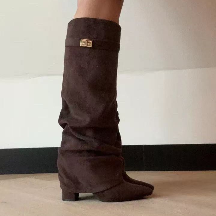Pointed Toe Straight Tube Pleated Metal Buckle Mid-Calf Boots for Women, Chunky Heel Pipe Boots, Wide Size Available - Image 2