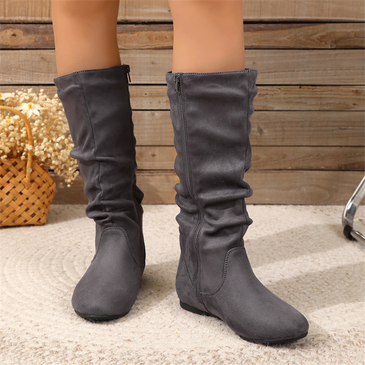 Casual Versatile Durable Comfortable Mid-Calf Boots Lightweight Pleated Side Zip Women's Leather Boots Flat Summer Boots - Image 5