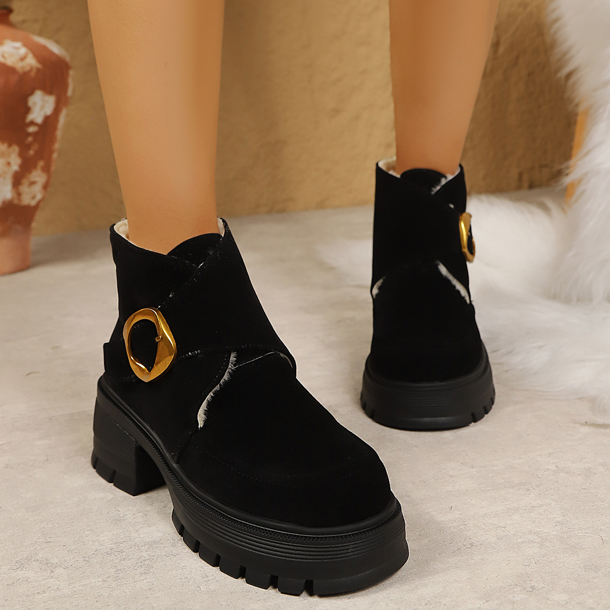 Chunky Heeled Over-the-Knee Boots with Belt Buckle, Faux Suede, High Heel, Thick Sole, Women's Winter Boots Made to order, ships in 7 days - Image 3
