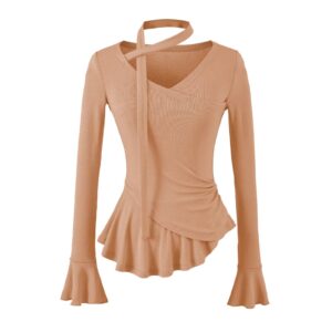Long Sleeve V-Neck Tie Flare Sleeve Ruched Waist Top