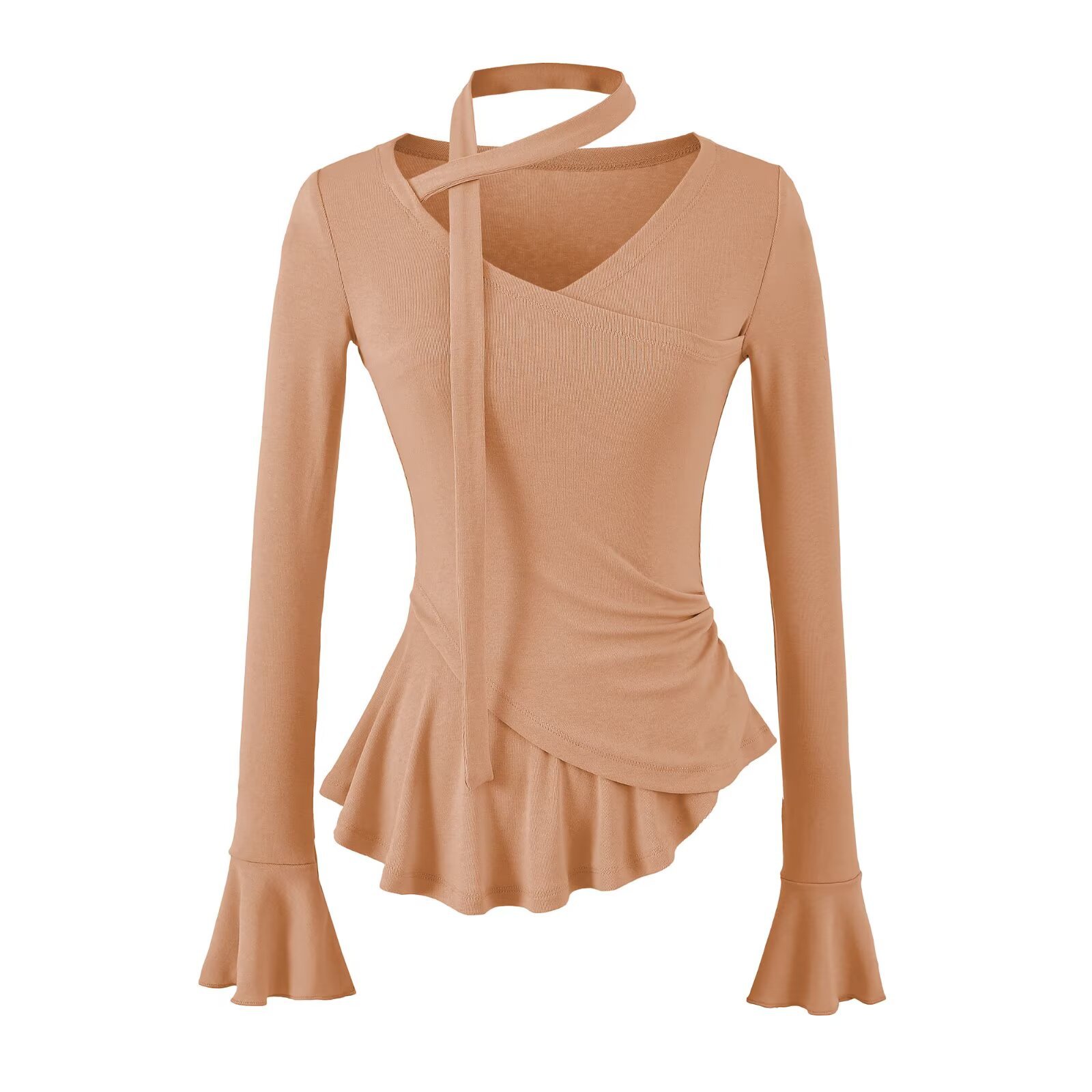 Long Sleeve V-Neck Tie Flare Sleeve Ruched Waist Top