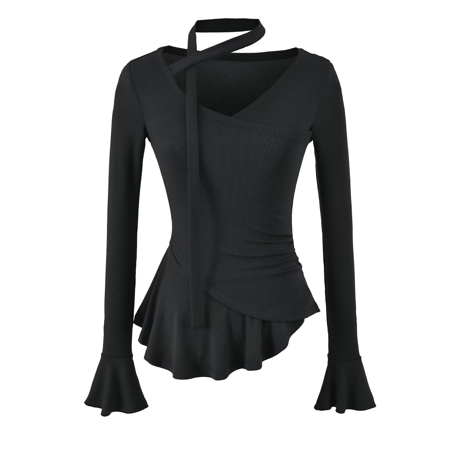 Long Sleeve V-Neck Tie Flare Sleeve Ruched Waist Top - Image 7