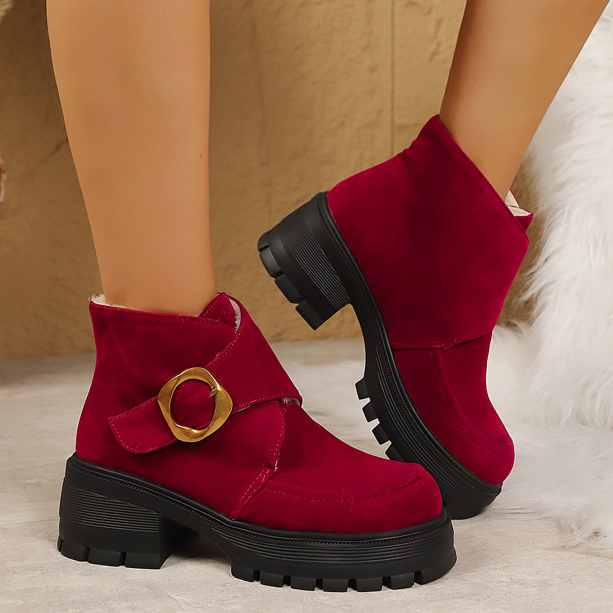 Chunky Heeled Over-the-Knee Boots with Belt Buckle, Faux Suede, High Heel, Thick Sole, Women's Winter Boots Made to order, ships in 7 days - Image 2