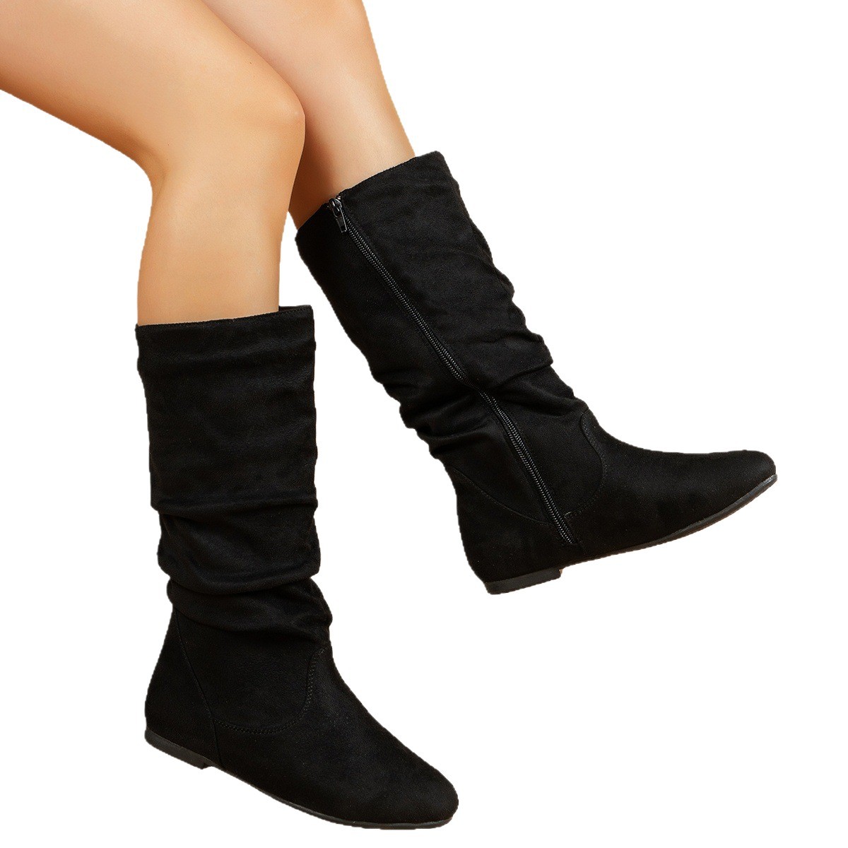 Casual Versatile Durable Comfortable Mid-Calf Boots Lightweight Pleated Side Zip Women's Leather Boots Flat Summer Boots - Image 2