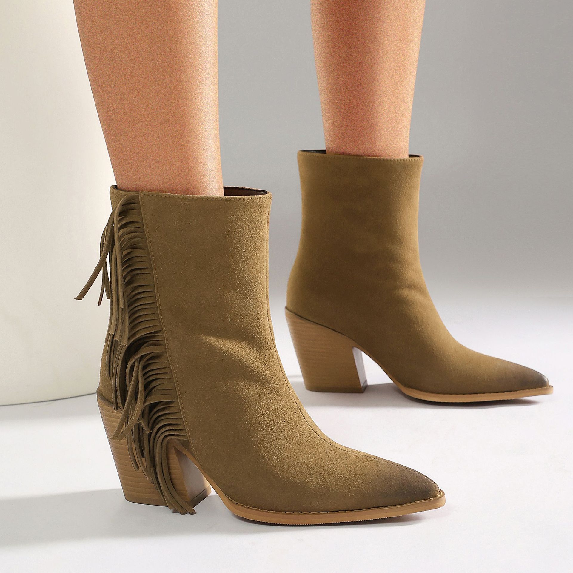 Western Style Ankle Boots for Women, Pointed Toe with Tassel, Chunky High Heel Made to order, ships in 7 days - Image 2