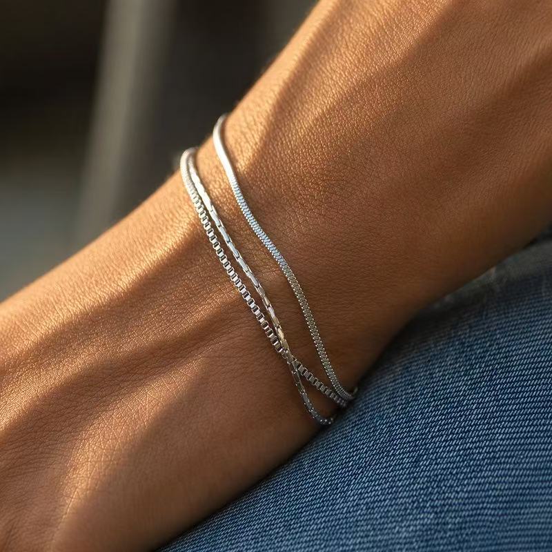 Stainless Steel Silver 3 Piece Set Bracelet Snake Chain Cube Link Jewelry for Men Women - Image 2