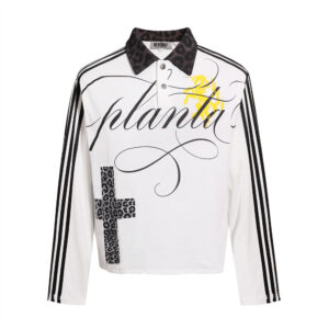 Hip Hop Gothic Cross Three Stripes Print Long Sleeve Collared Polo Shirt