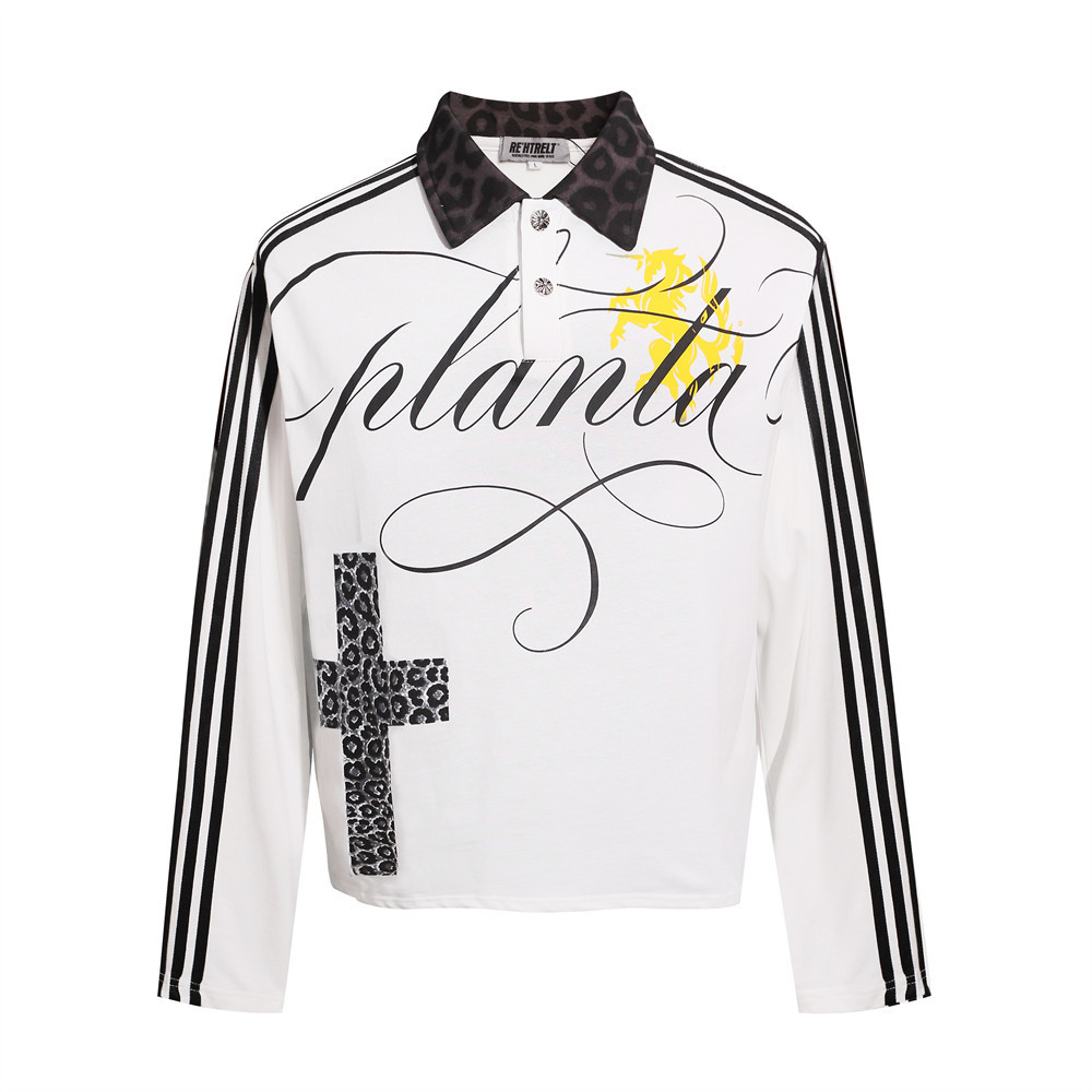 Hip Hop Gothic Cross Three Stripes Print Long Sleeve Collared Polo Shirt