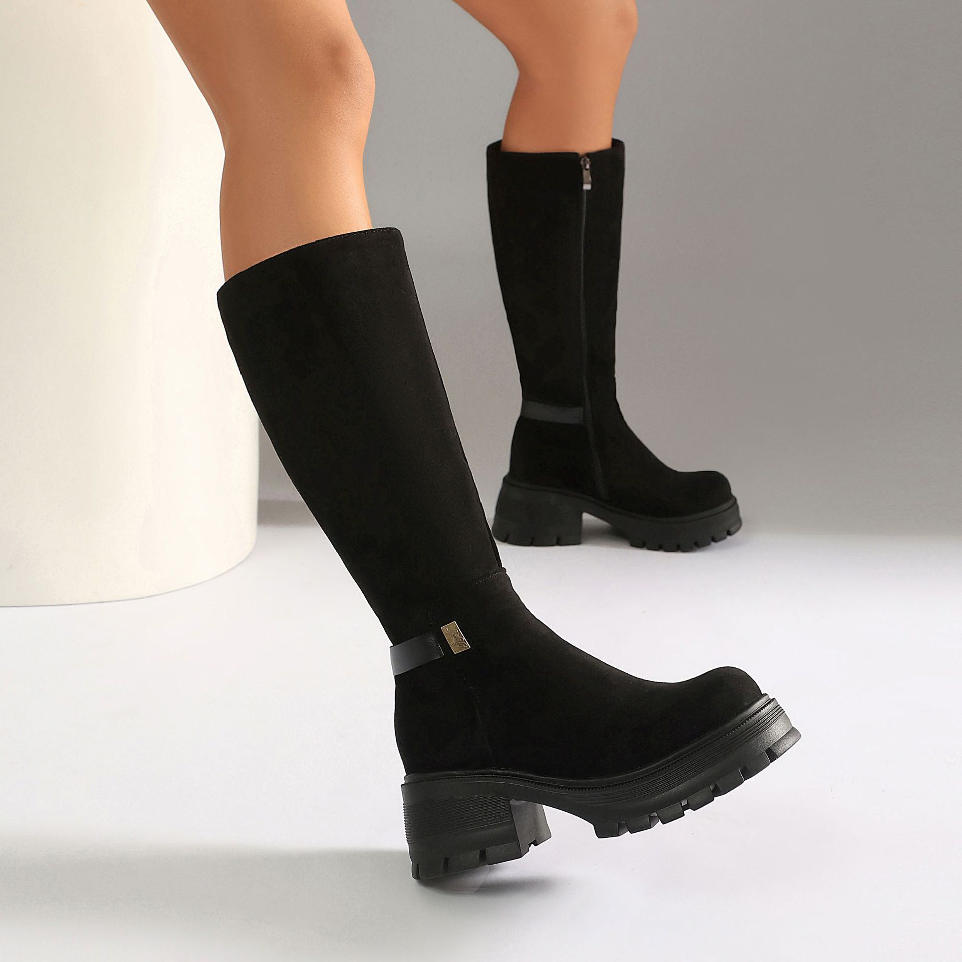 High Heel Over-the-Knee Boots for Women, Faux Suede Punk Style Chunky Heel Autumn/Winter Fashion - Image 2