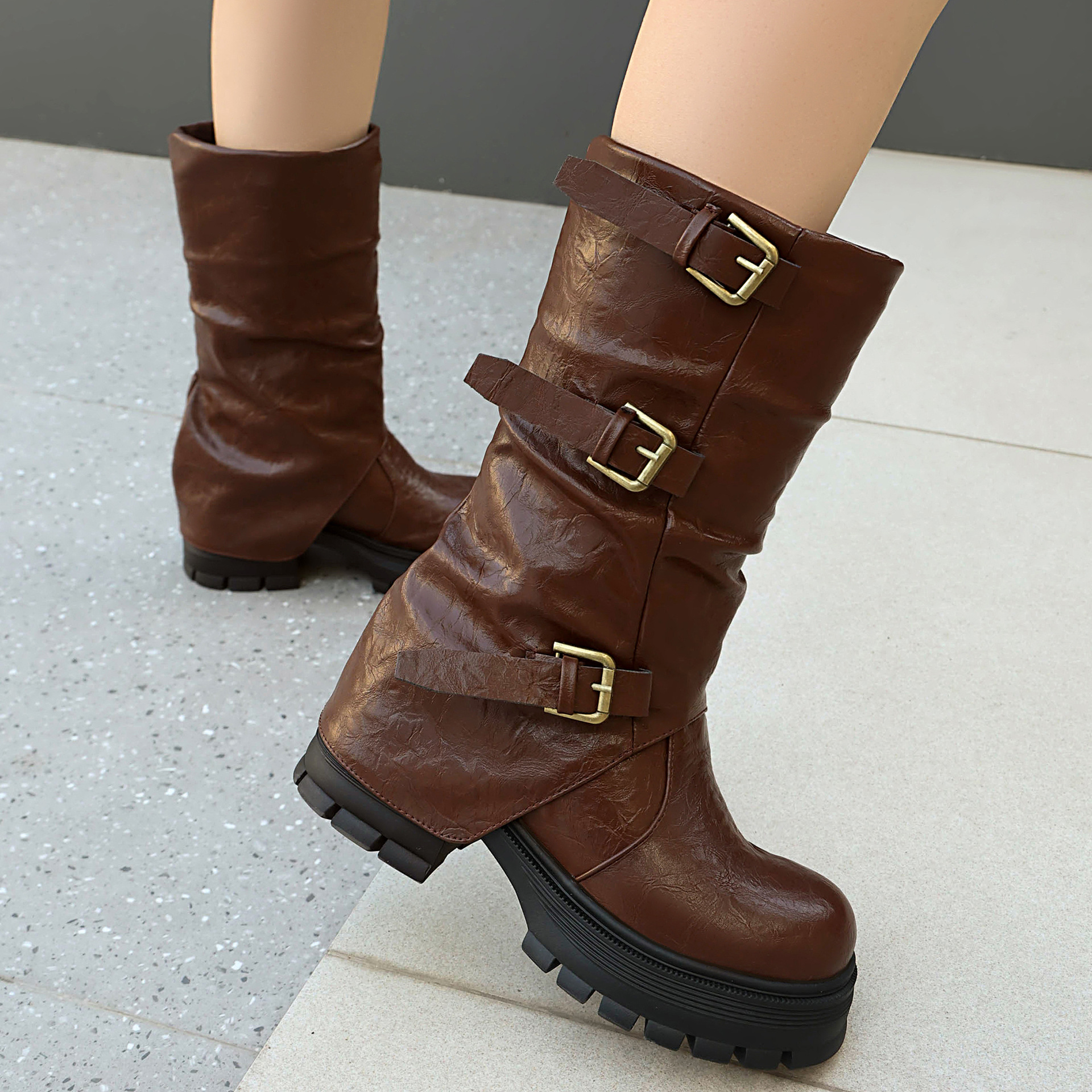 Thick Heel High Heel Women's Short Boots with Belt Buckle Slip-On Tube Boots - Image 2