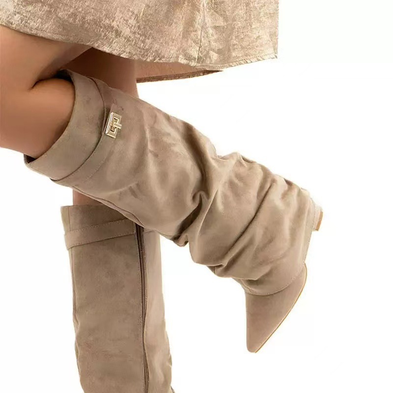 Pointed Toe Straight Tube Pleated Metal Buckle Mid-Calf Boots for Women, Chunky Heel Pipe Boots, Wide Size Available - Image 6