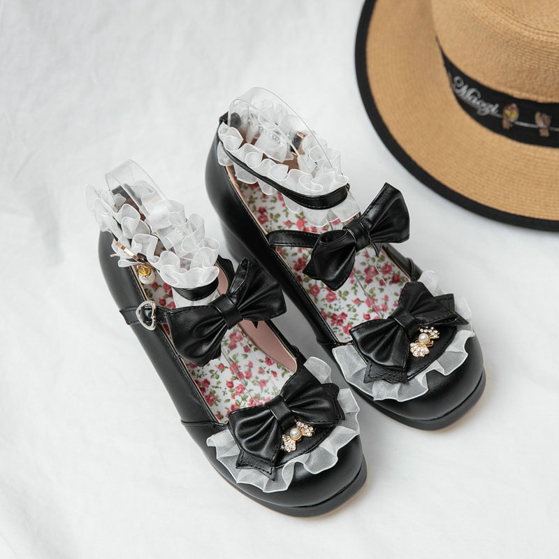 Lolita women's shoes bow shallow mouth cute girl round head with middle heel loli single shoes - Image 2
