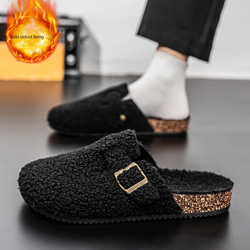 Covered Toe Cotton Slippers Men's Winter Outdoor Wear Fleece Lined Warm Couples' Fuzzy Half Slippers Lazy Birkenstock-Style Couples' Slippers Women's - Image 4
