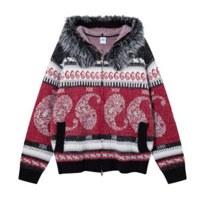 Men's Oversized Hooded Knit Cardigan Jacket with Fur Collar, Paisley Stripe Jacquard Pattern