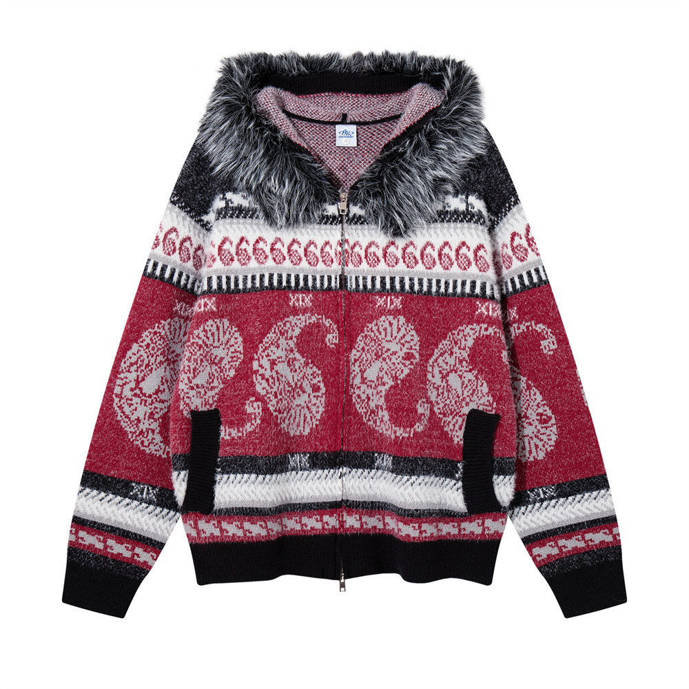 Men's Oversized Hooded Knit Cardigan Jacket with Fur Collar, Paisley Stripe Jacquard Pattern