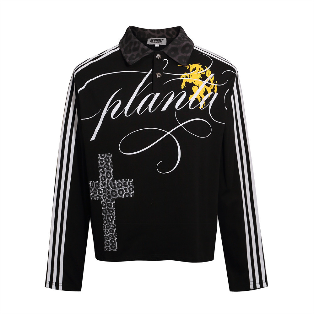 Hip Hop Gothic Cross Three Stripes Print Long Sleeve Collared Polo Shirt - Image 2