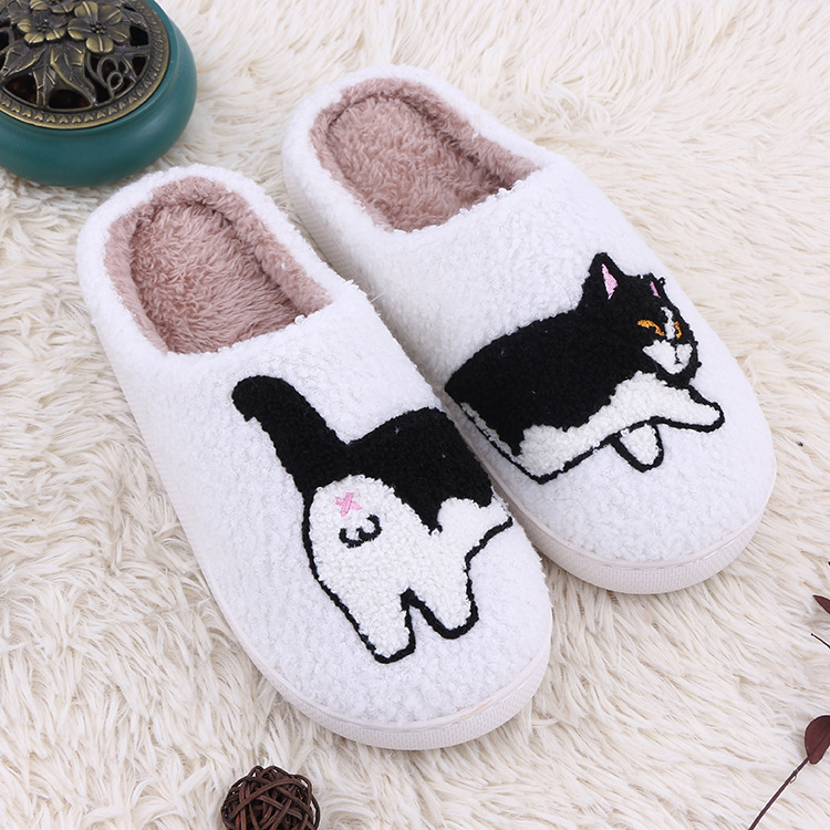 Home plush thick cartoon cow cat cute cotton slippers for women - Image 5