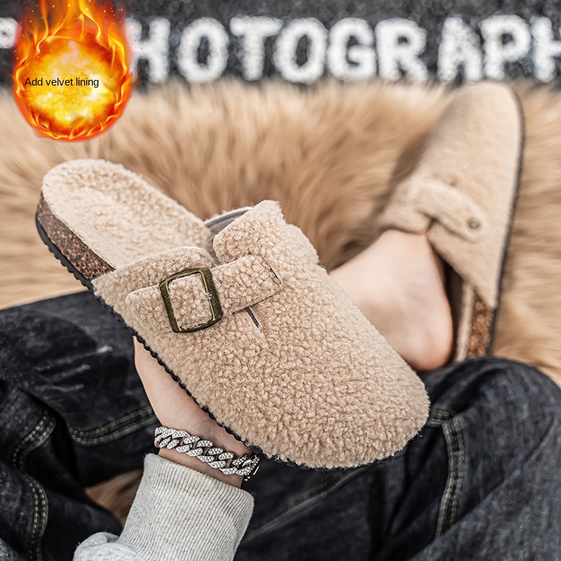 Covered Toe Cotton Slippers Men's Winter Outdoor Wear Fleece Lined Warm Couples' Fuzzy Half Slippers Lazy Birkenstock-Style Couples' Slippers Women's - Image 3