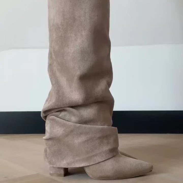 Pointed Toe Straight Tube Pleated Metal Buckle Mid-Calf Boots for Women, Chunky Heel Pipe Boots, Wide Size Available - Image 3