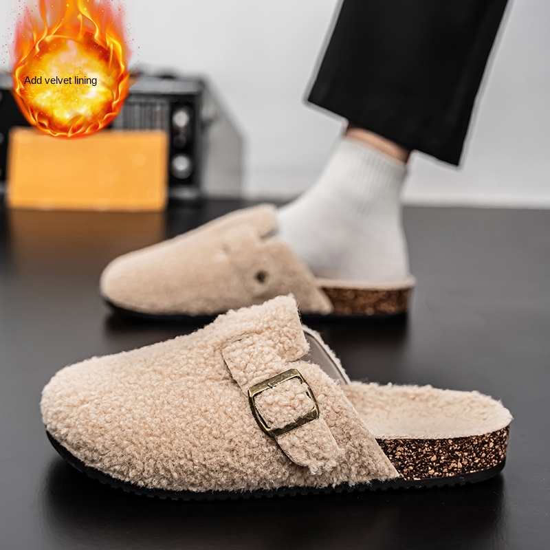 Covered Toe Cotton Slippers Men's Winter Outdoor Wear Fleece Lined Warm Couples' Fuzzy Half Slippers Lazy Birkenstock-Style Couples' Slippers Women's - Image 2