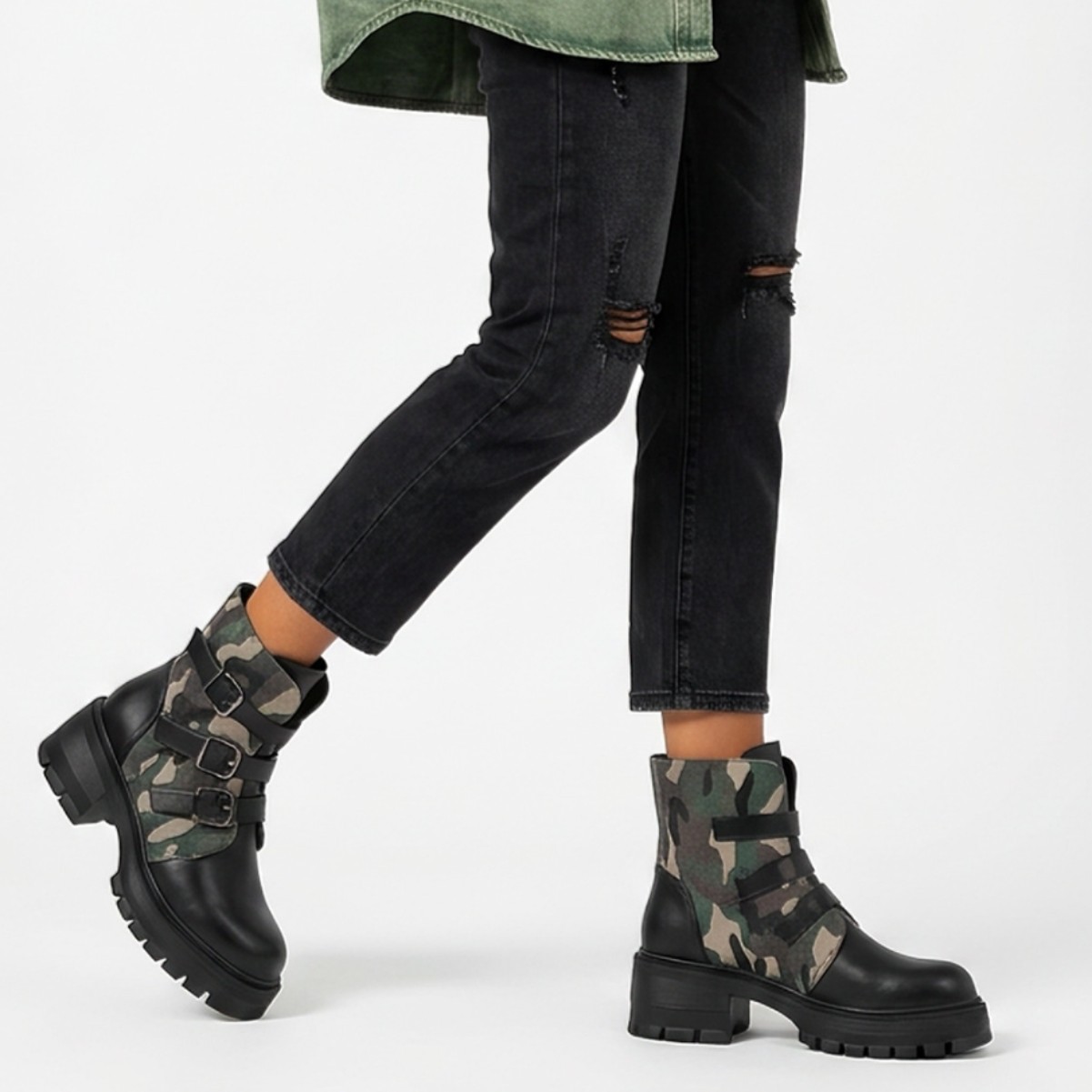 High Heel Thick Sole Belt Buckle Camouflage Low Cut Women's Boots Fashionable Large Made to order, ships in 7 days - Image 2