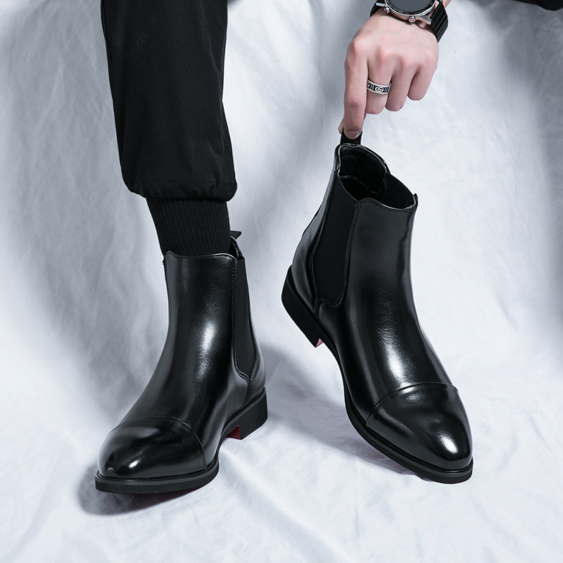 Pointed toe men's boots high top leather shoes red soles Martin boots British casual - Image 4