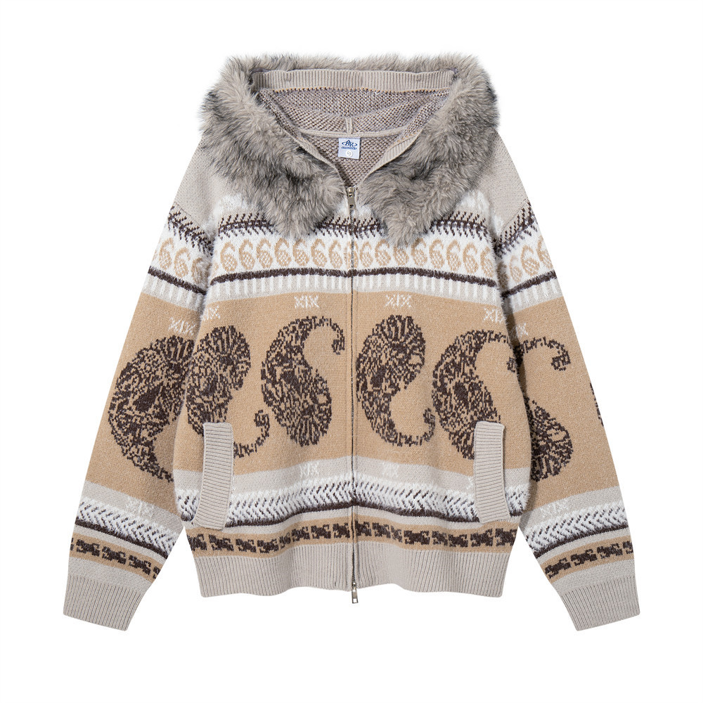 Men's Oversized Hooded Knit Cardigan Jacket with Fur Collar, Paisley Stripe Jacquard Pattern - Image 7