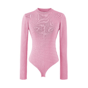 Herringbone Texture Long Sleeve Mock Neck Knit Bodysuit Women Slim Fit Base Layer
