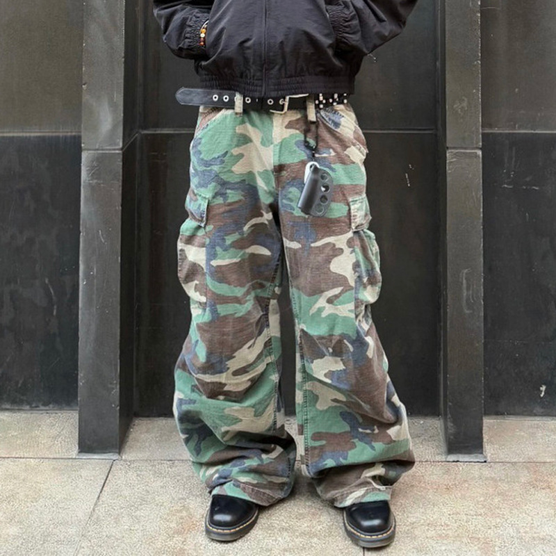 Vintage Camo Cargo Pants Men Wide Leg Straight Trousers