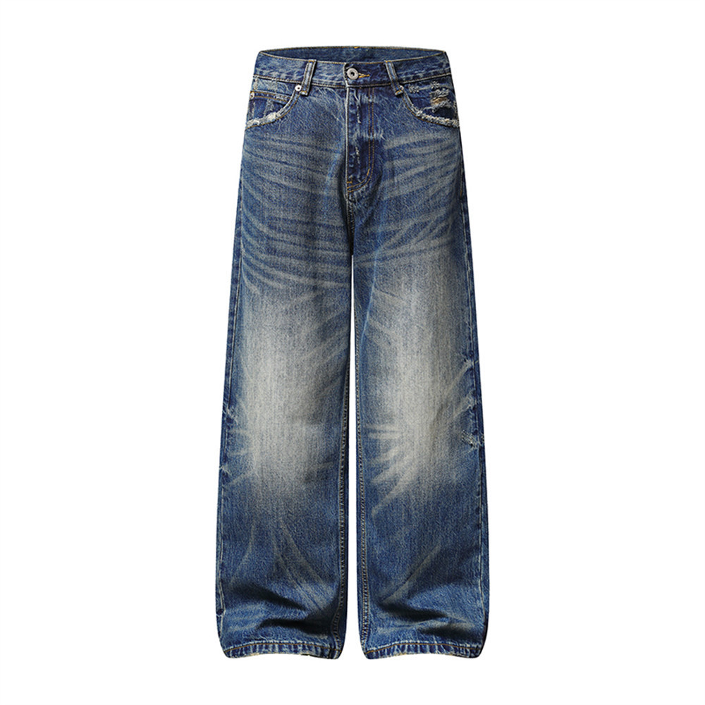 Men's Vintage Washed Wide Leg Jeans, Punk Street Casual Dad Pants, Hand-Distressed Loose Straight Trousers - Image 5