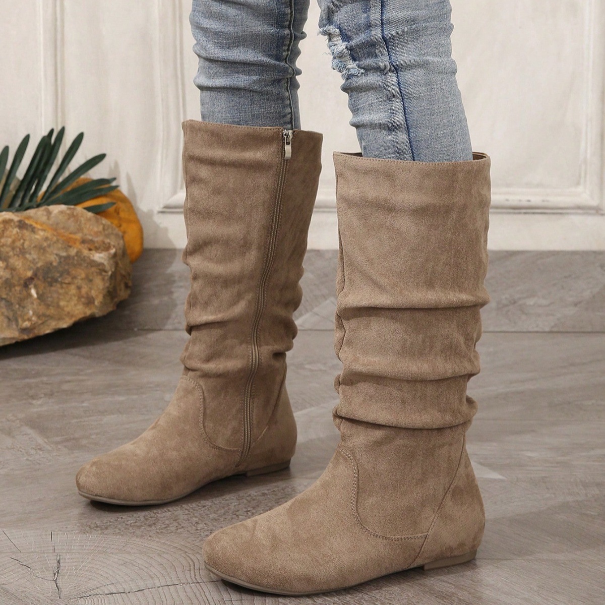 Casual Versatile Durable Comfortable Mid-Calf Boots Lightweight Pleated Side Zip Women's Leather Boots Flat Summer Boots - Image 9