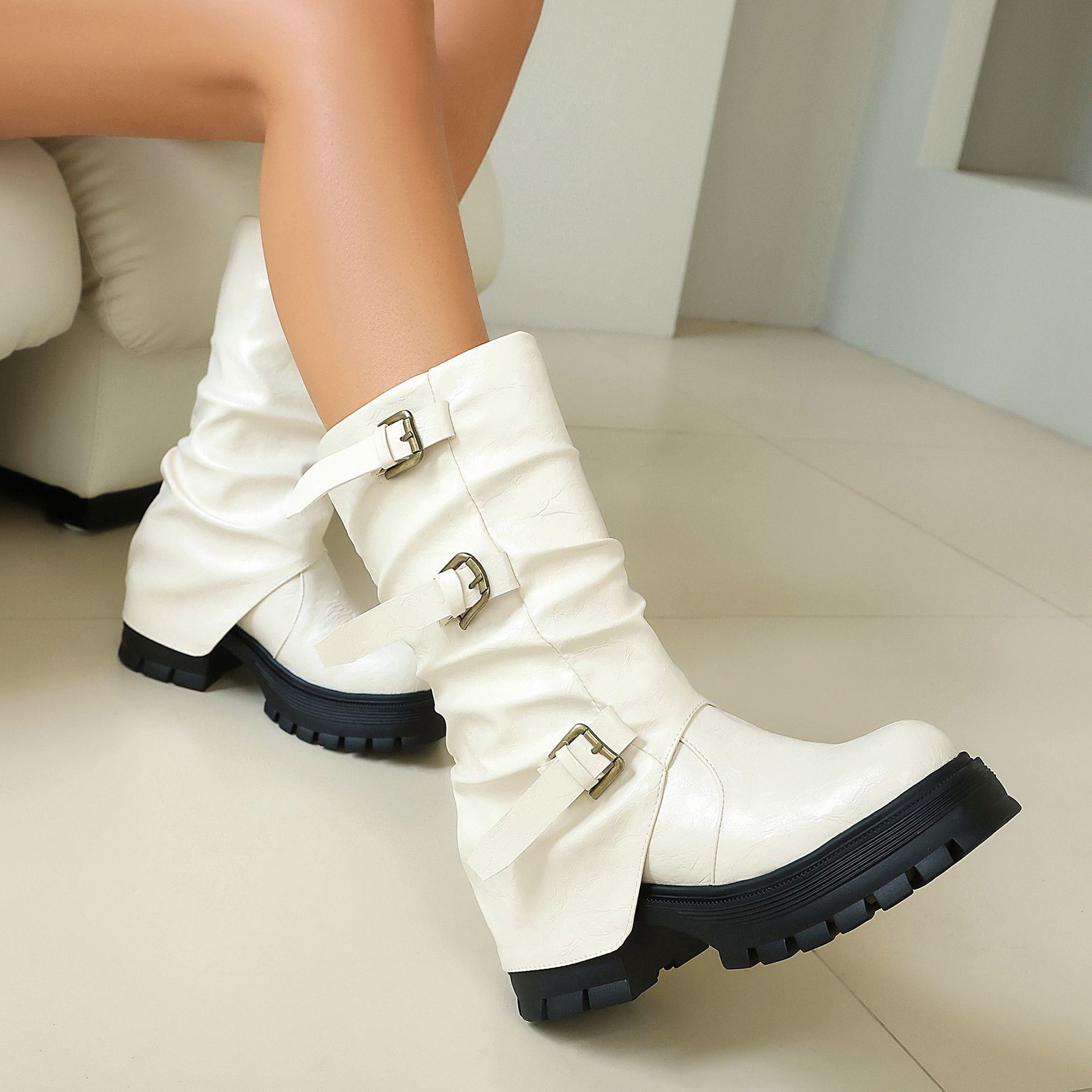 Thick Heel High Heel Women's Short Boots with Belt Buckle Slip-On Tube Boots - Image 3
