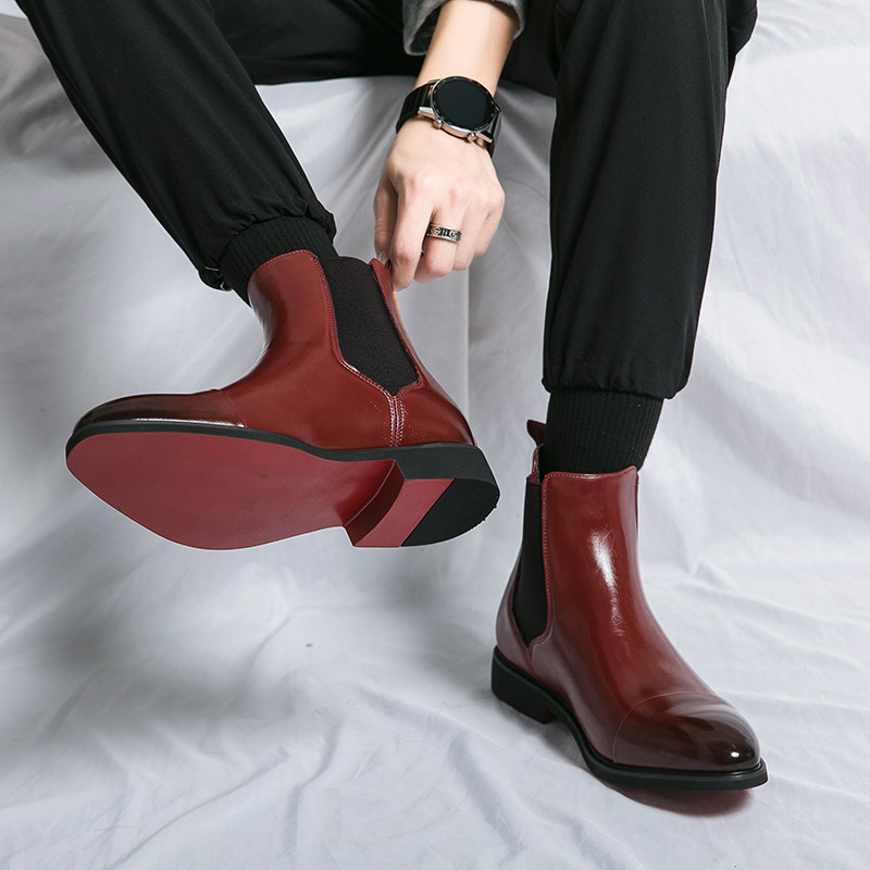 Pointed toe men's boots high top leather shoes red soles Martin boots British casual - Image 3