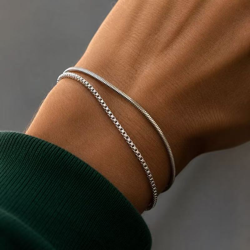 Stainless Steel Silver 3 Piece Set Bracelet Snake Chain Cube Link Jewelry for Men Women - Image 4