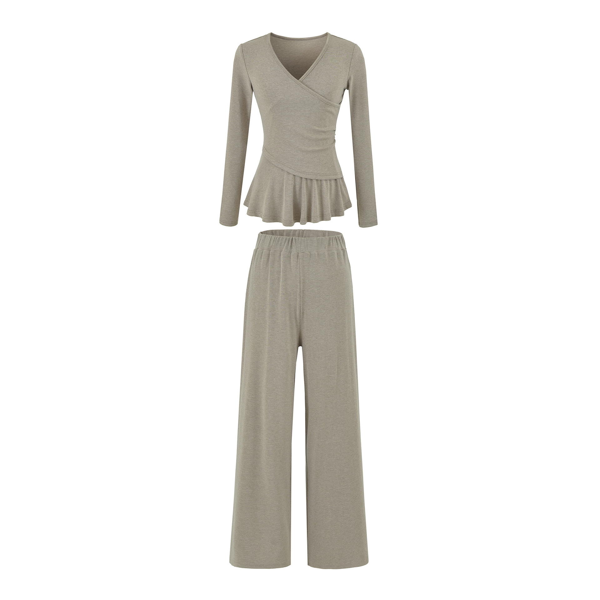 Long Sleeve Cross V-Neck T-Shirt and Elastic Waist Drape Wide Leg Pants Two Piece Set - Image 4