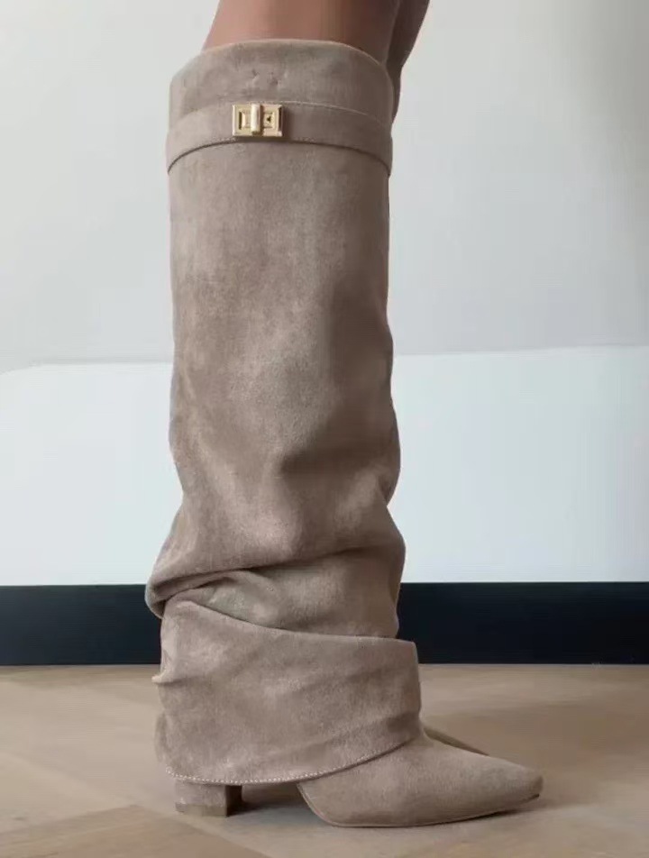 Pointed Toe Straight Tube Pleated Metal Buckle Mid-Calf Boots for Women, Chunky Heel Pipe Boots, Wide Size Available - Image 9