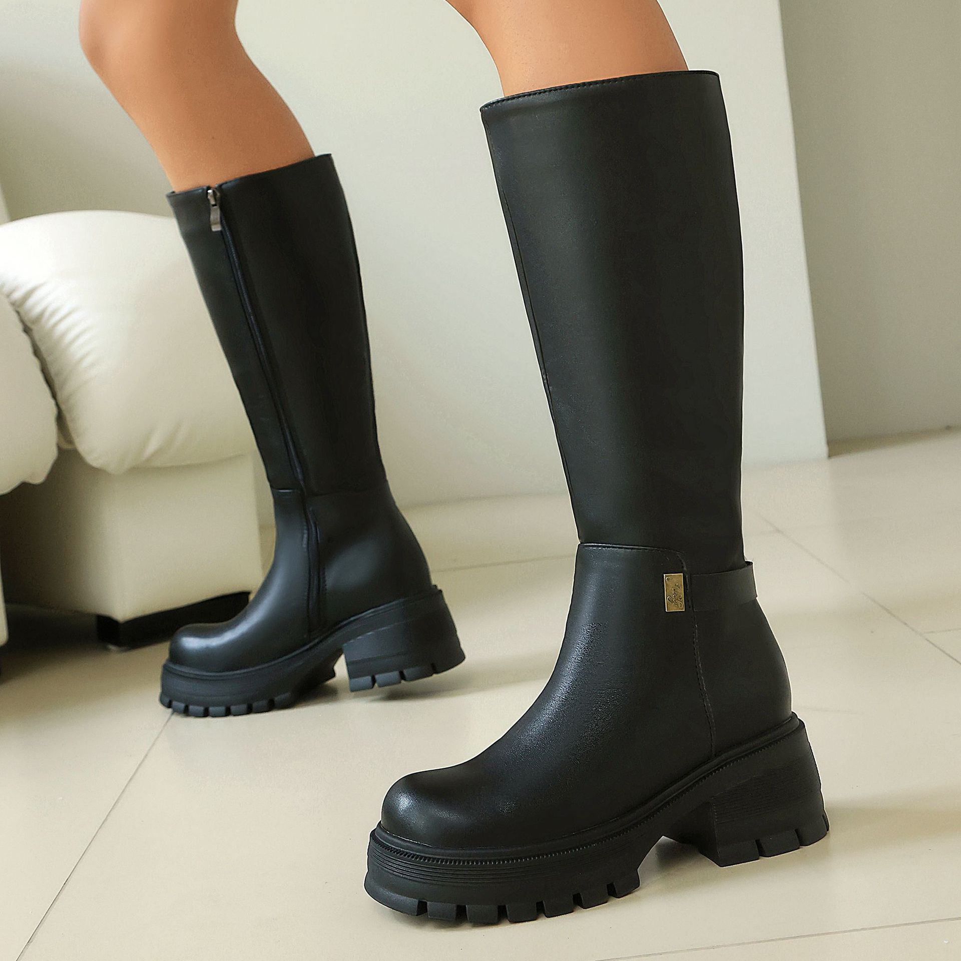 High Heel Over-the-Knee Boots for Women, Faux Suede Punk Style Chunky Heel Autumn/Winter Fashion - Image 3