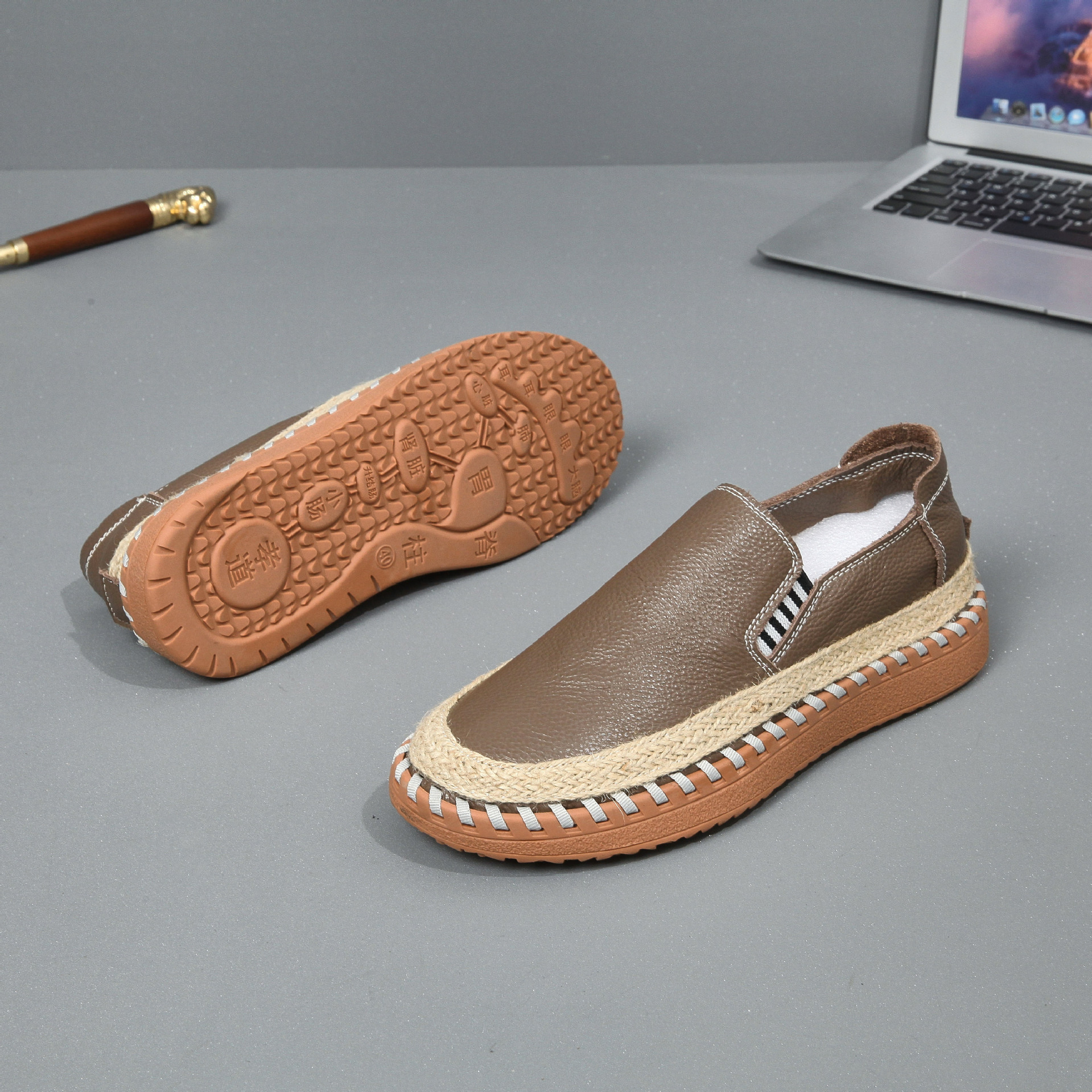 Handmade leather sewn massage shoe toe layer cowhide casual fisherman one foot men's shoes - Image 11
