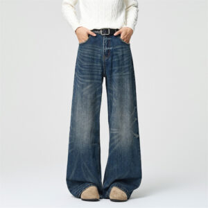 Men's Vintage Washed Wide Leg Jeans, Punk Street Casual Dad Pants, Hand-Distressed Loose Straight Trousers