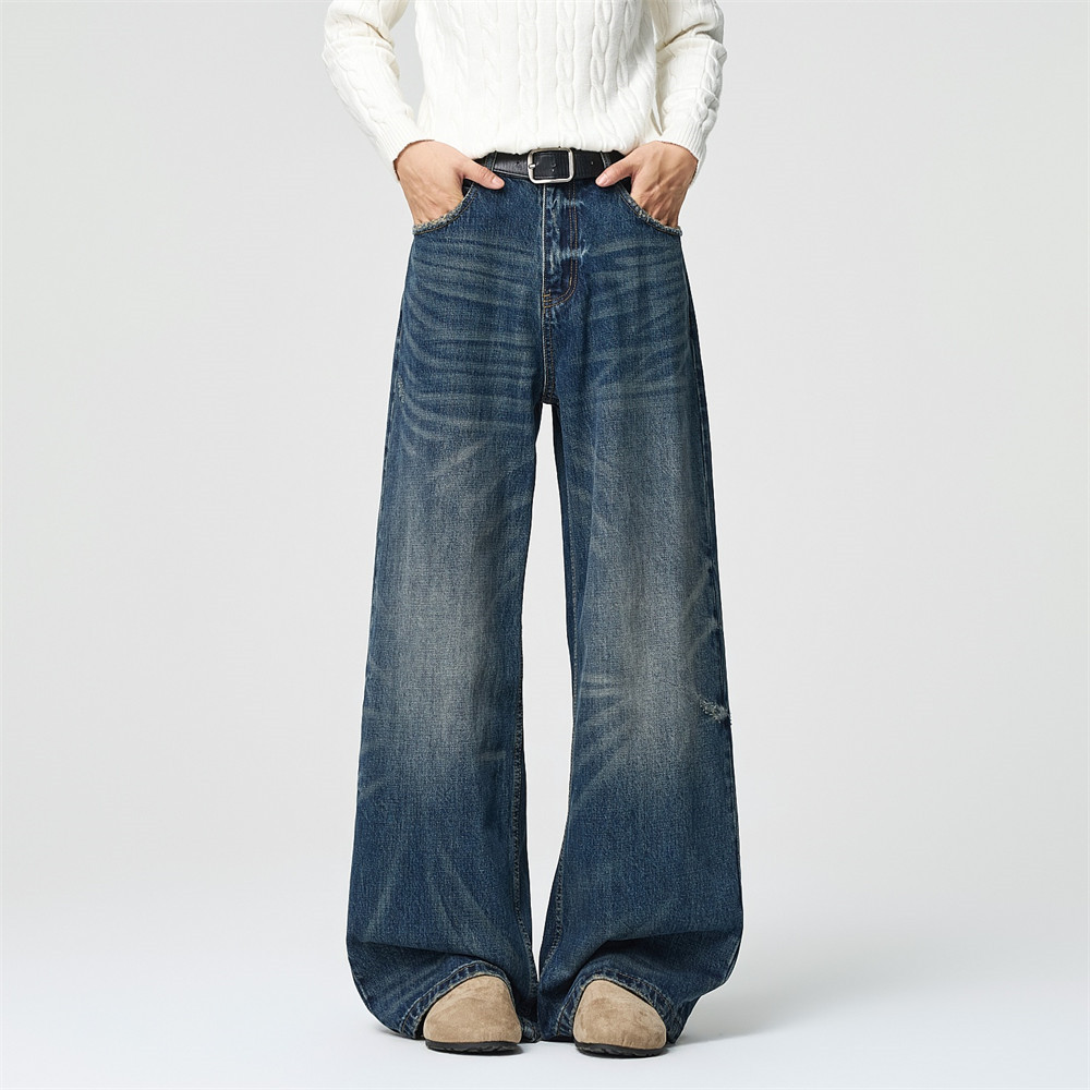 Men's Vintage Washed Wide Leg Jeans, Punk Street Casual Dad Pants, Hand-Distressed Loose Straight Trousers