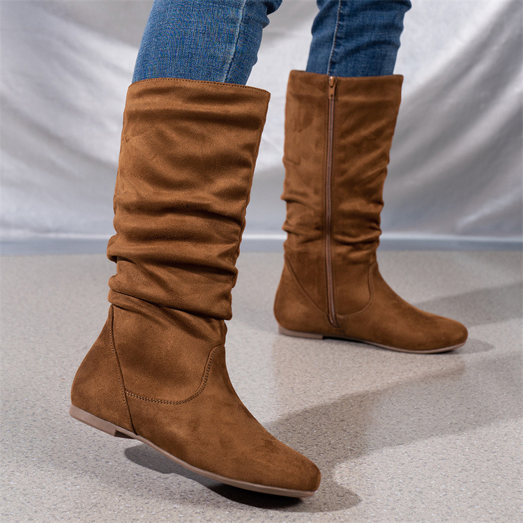 Casual Versatile Durable Comfortable Mid-Calf Boots Lightweight Pleated Side Zip Women's Leather Boots Flat Summer Boots - Image 4