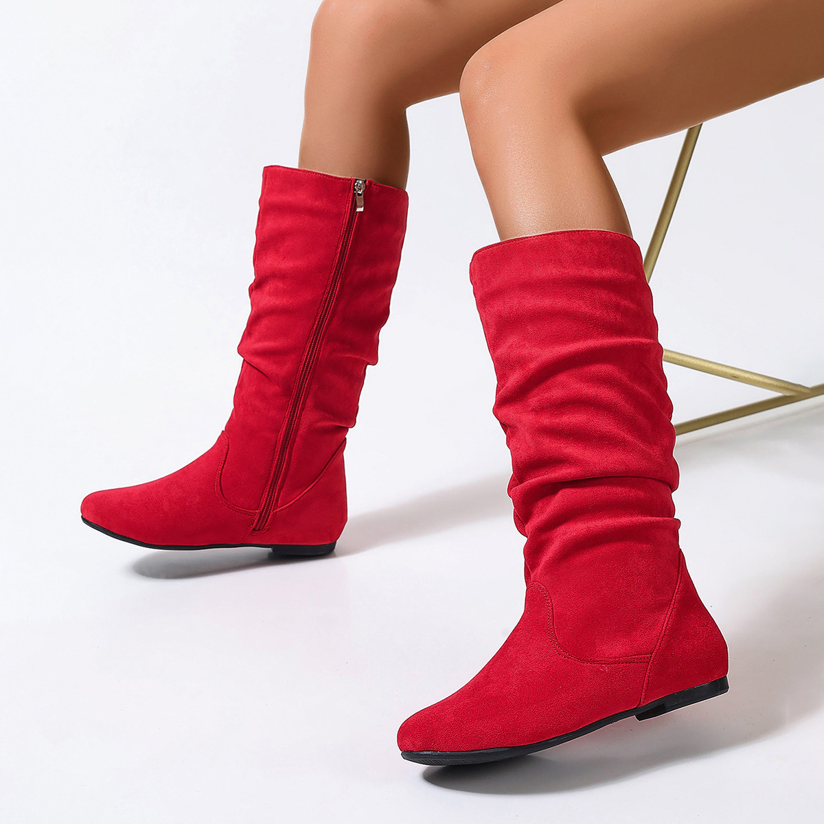Casual Versatile Durable Comfortable Mid-Calf Boots Lightweight Pleated Side Zip Women's Leather Boots Flat Summer Boots - Image 8
