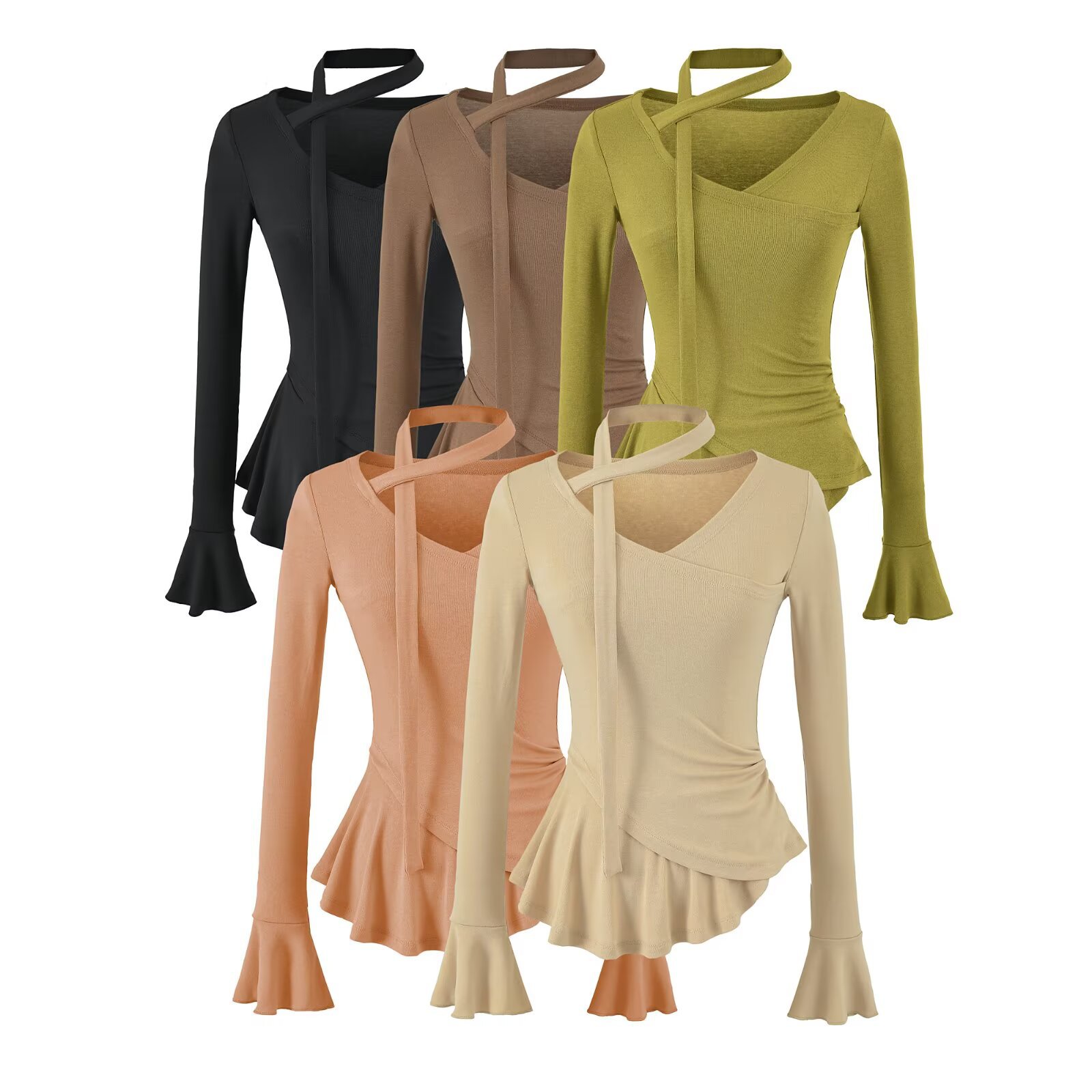 Long Sleeve V-Neck Tie Flare Sleeve Ruched Waist Top - Image 2