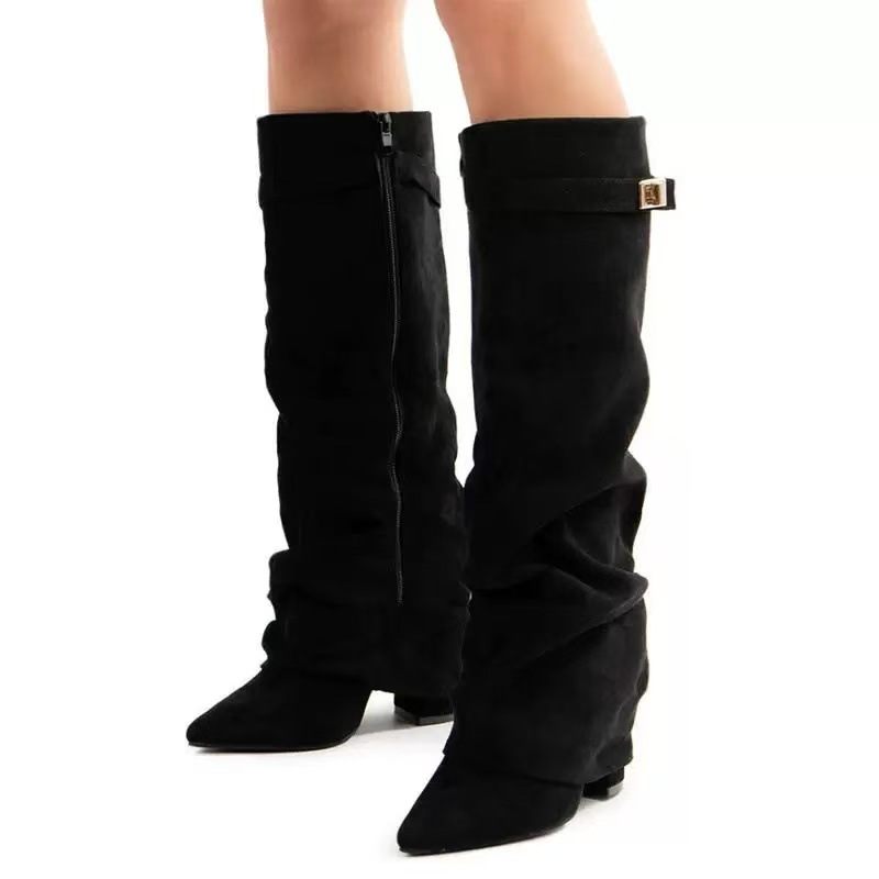 Pointed Toe Straight Tube Pleated Metal Buckle Mid-Calf Boots for Women, Chunky Heel Pipe Boots, Wide Size Available - Image 5