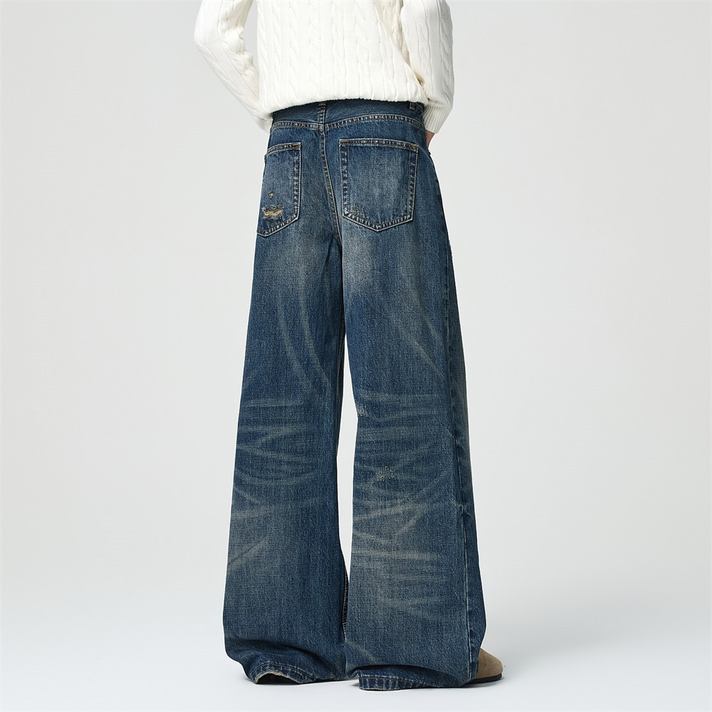 Men's Vintage Washed Wide Leg Jeans, Punk Street Casual Dad Pants, Hand-Distressed Loose Straight Trousers - Image 2