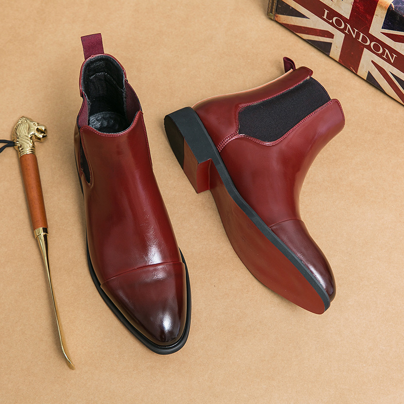 Pointed toe men's boots high top leather shoes red soles Martin boots British casual - Image 2