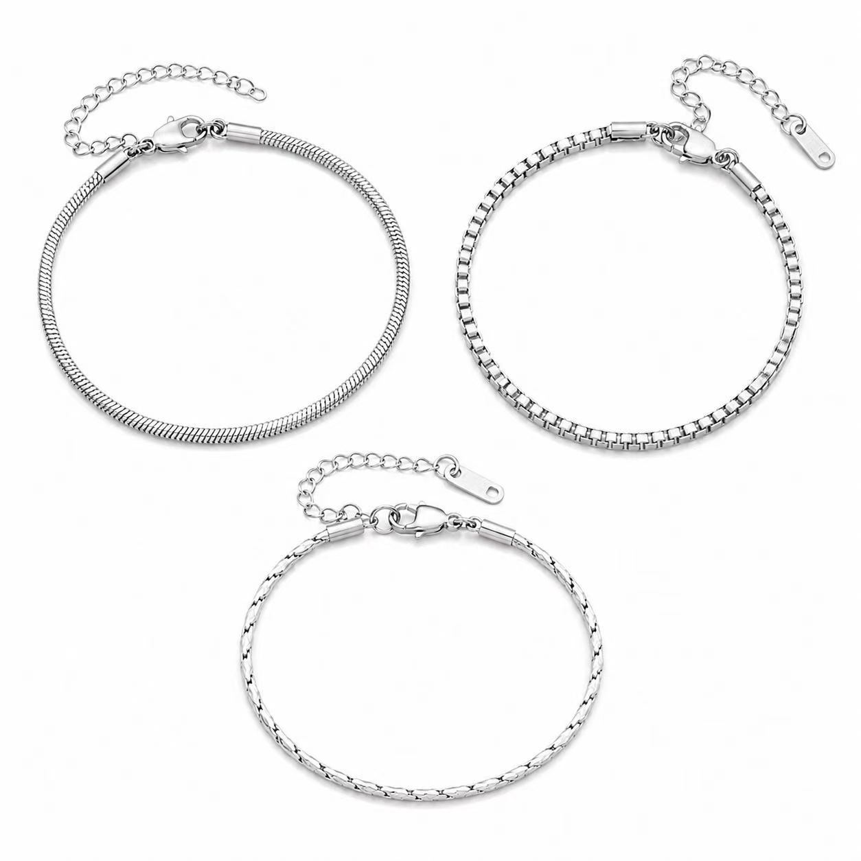 Stainless Steel Silver 3 Piece Set Bracelet Snake Chain Cube Link Jewelry for Men Women - Image 9